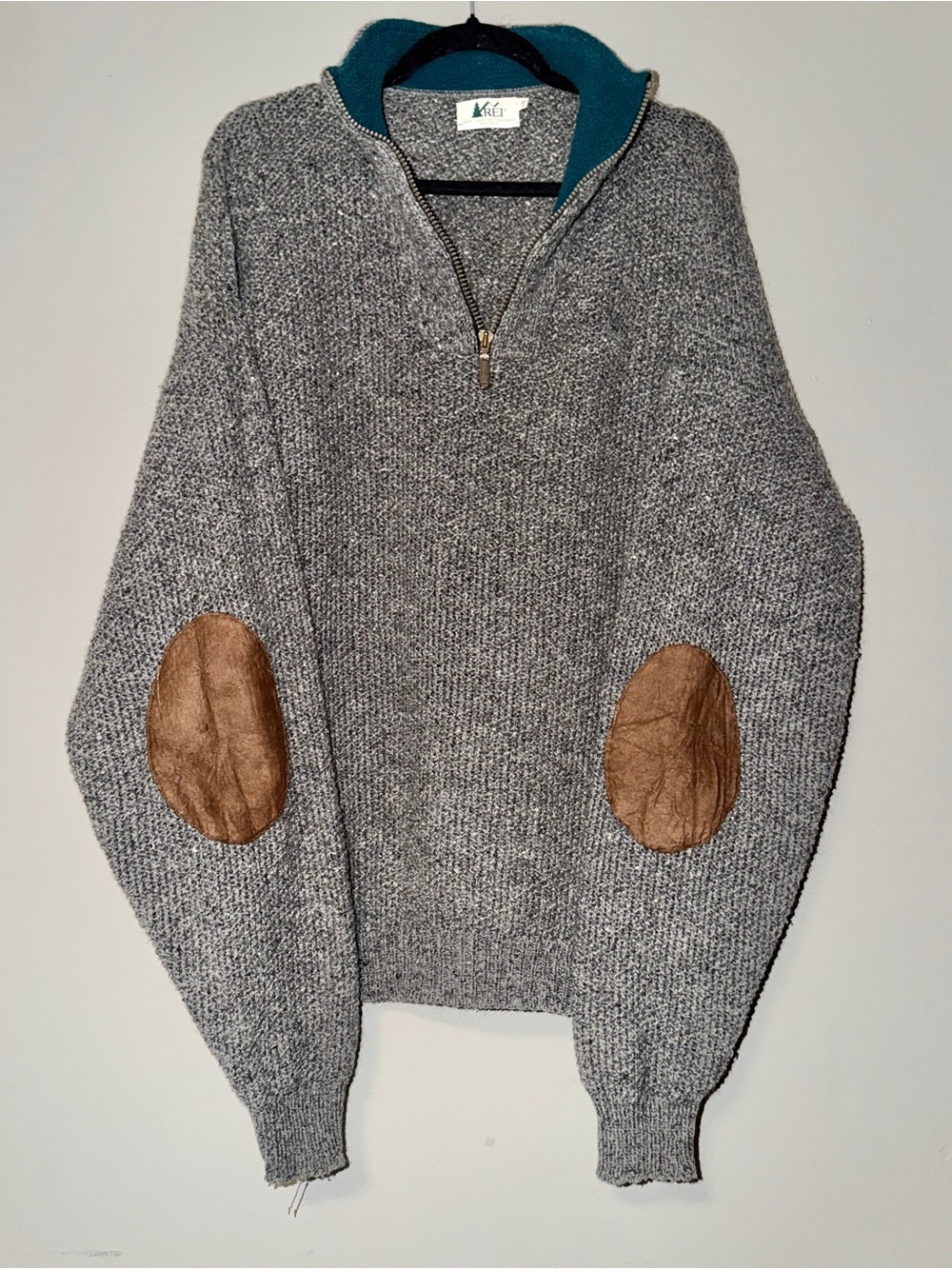 REI grey quarter zip sweater with leather elbow patches vintage rare xl